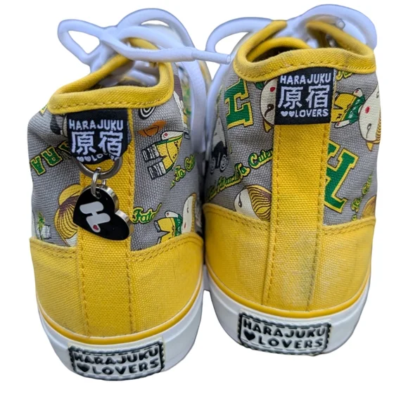 Harajuku Lovers High Top Canvas Sneakers Yellow Gray Kawaii Print Size 10 - Picture 3 of 12